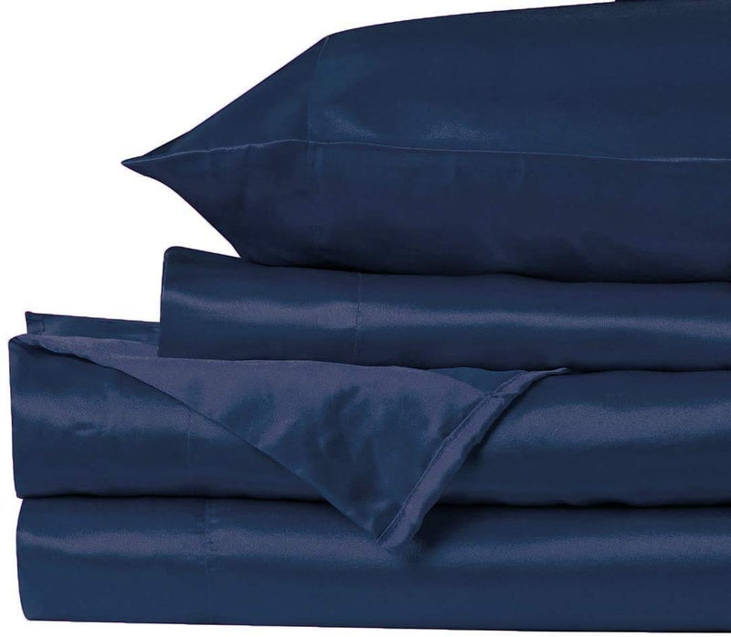MK Home Mk Collection 4pc Soft Silky Satin Solid Color Deep Pocket Sheet Set (Navy Blue, King) - Image 2